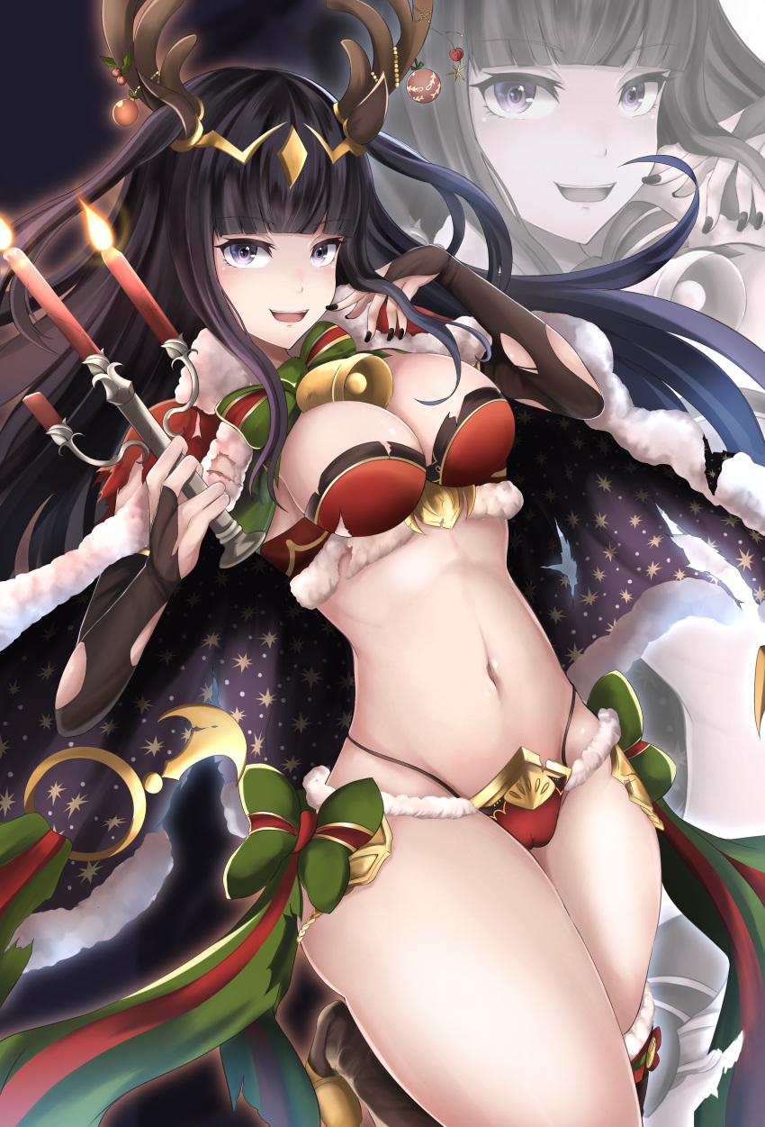 1girls 2023 absurdres alternate_costume antlers bauble bell bikini black_hair black_nails blunt_bangs bow bowtie breasts bridal_gauntlets candle cape circlet cleavage commentary_request fake_antlers female female_only fire fire_emblem fire_emblem_awakening fire_emblem_heroes fur-trimmed_bikini fur-trimmed_cape fur_trim green_bow green_bowtie hair_ornament highres holding holding_candle large_breasts light-skinned_female light_skin long_hair looking_at_viewer medium_breasts nail_polish navel neck_bell nenemu0 nintendo official_alternate_costume open_mouth purple_eyes red_bikini reindeer_antlers ribbon smile solo stomach swimsuit teeth tharja_(fire_emblem) tharja_(winter)_(fire_emblem) thighs torn_cape torn_clothes upper_teeth_only very_long_hair wide_hips