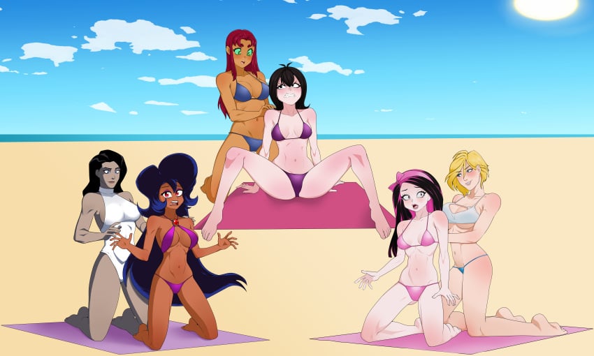 6girls anoneysnufftan applying_sunscreen beach bikini black_hair blonde_hair blue_eyes comeuppance dark-skinned_female dark_skin dc dc_comics dcau defeated defeated_villainess draculaura embarrassed female female_only green_eyes hotel_transylvania humiliation imminent_death justice_league killer_lotion kneeling legs_apart long_hair massage mavis_dracula monster_high murder ocean ok_k.o.!_let's_be_heroes orange_skin peril pink_hair power_girl punishment red_eyes red_hair rubbing sand seaside seated short_hair sitting sky snuff starfire summer sunbathing swimsuit teen_titans towel vampire vampire_girl wilhamena zatanna