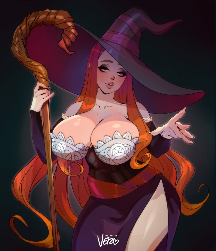 1girls 2023 big_breasts dragon's_crown dress female female_only hi_res long_hair looking_at_viewer narrowed_eyes orange_hair solo sorceress_(dragon's_crown) staff theartofvero vero witch_hat