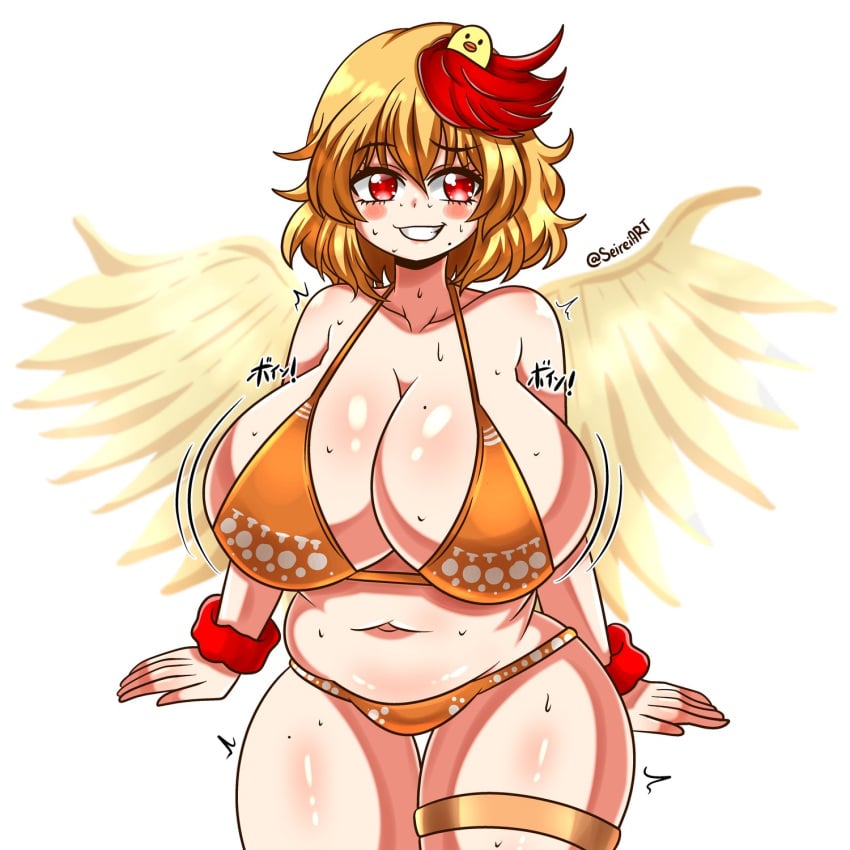 big_breasts bikini blonde_hair chicken chicken_wings chubby chubby_female fat fat_female fat_girl fat_woman kutaka_niwatari overweight overweight_female raised_eyebrow red_eyes seireiart short_hair smile smiling sweat sweatdrop sweating thick_body thick_thighs thighs touhou wings yellow_body yellow_wings