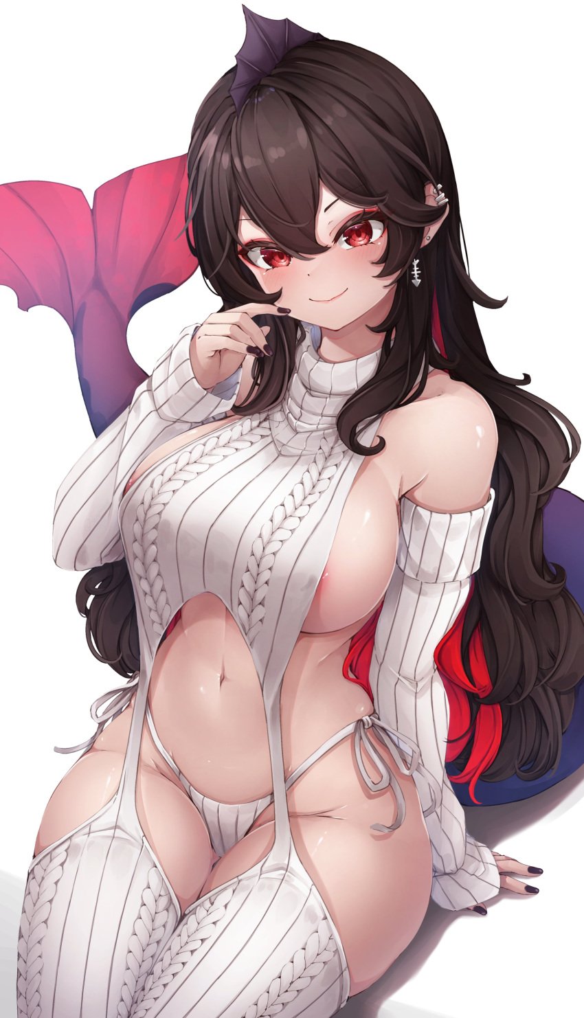 1girls akami_chiyo alternate_version_available big_breasts black_hair black_nails blush female_focus female_only highres indie_virtual_youtuber latam_virtual_youtuber long_hair looking_at_viewer piranha_girl red_eyes red_hair shironagase simple_background smiling_at_viewer sweater two_tone_hair virgin_destroyer_sweater virgin_killer_sweater virtual_youtuber voluptuous voluptuous_female white_background yume_girls!