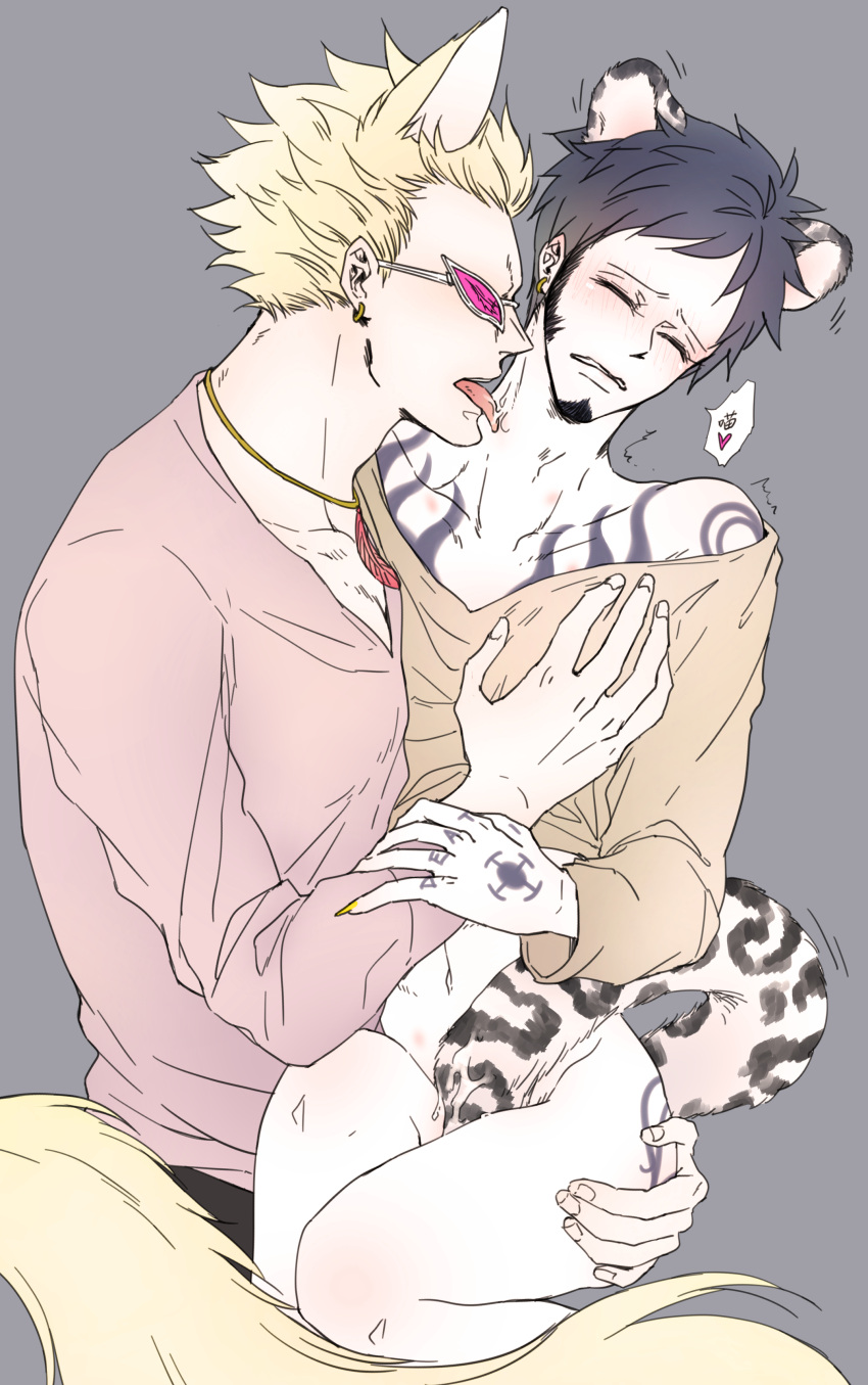 2boys animal_ears ass ass_grab ass_tattoo black_hair blonde_hair blush bottomless chest_tattoo closed_eyes donquixote_doflamingo earrings facial_hair gay goatee hand_tattoo height_difference hickey jewelry kizna legs leopard_boy leopard_ears leopard_tail licking_neck male male_focus male_only multiple_boys muscular muscular_male navel no_pants one_piece shirt short_hair shoulder_tattoo sunglasses tail tattoo thighs tongue tongue_out trafalgar_law yaoi yellow_nails