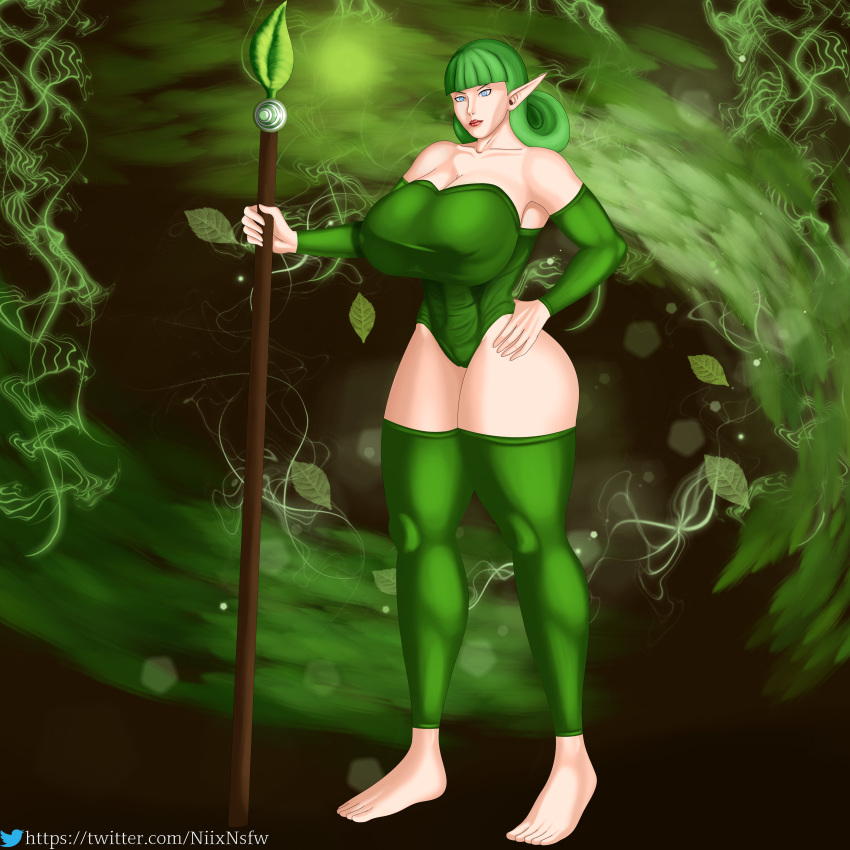 beige_skin big_breasts blue_eyes breasts commission erect_nipples fado fado_(ocarina_of_time) female green_hair kokiri niixnsfw nipples ocarina_of_time solo spear the_legend_of_zelda weapon