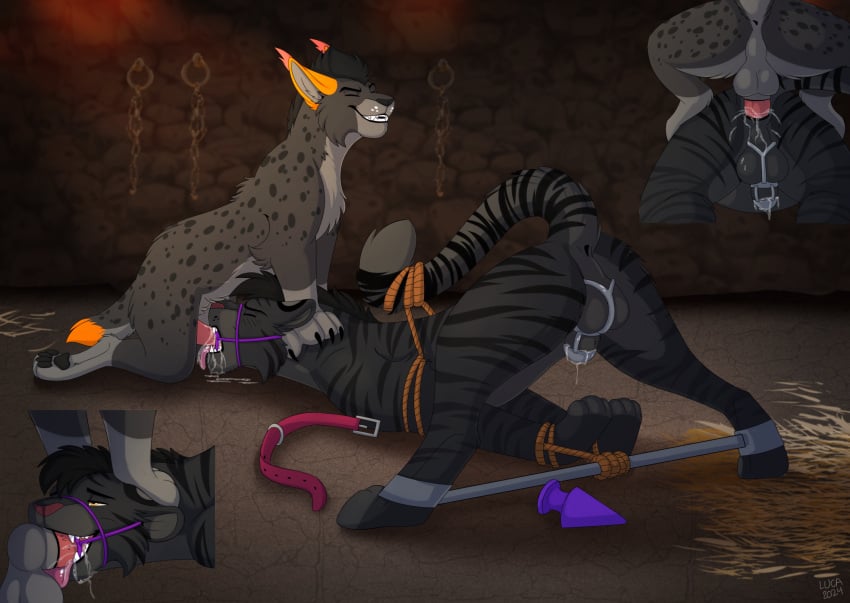 anal anal_sex anus ass ass_up balls bodily_fluids bondage bondage bound buttplug caraluca chastity_device claws closed_eyes collar cum cum_in_ass cum_in_mouth cum_inside digital_drawing_(artwork) digital_media_(artwork) dominant dungeon duo feet felid feline fellatio feral feral_on_feral fur gag genital_fluids genitals hair head_down_ass_up hi_res hindpaw leaking_cum looking_pleasured lynx male male/male male_penetrated male_penetrating male_penetrating_male mammal open_mouth oral oral_penetration pantherine pawpads paws penetration penile penis plug_(sex_toy) restraints ring_gag rope rope_bondage sex sex_toy submissive tail tail_bondage tail_tied tiger tongue