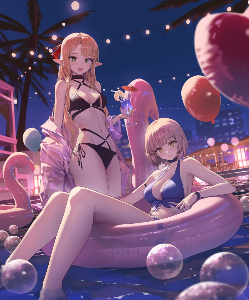 2girls absurdres balloon bikini black_bikini blonde_hair blue_bikini blue_nails blush braid breasts bubble city cityscape closed_mouth cocktail cocktail_glass criss-cross_halter cup drinking_glass dungeon_meshi elf falin_touden female floating green_eyes halterneck heart_balloon highres holding holding_cup inflatable_flamingo innertube jacket jacket_partially_removed light_brown_hair long_hair looking_at_viewer marcille_donato medium_breasts multiple_girls navel night on_innertube open_mouth palm_tree partially_submerged pointy_ears pool see-through_clothes see-through_jacket short_hair side-tie_bikini_bottom small_breasts smile standing swim_ring swimsuit teeth tree upper_teeth water xzu yellow_eyes