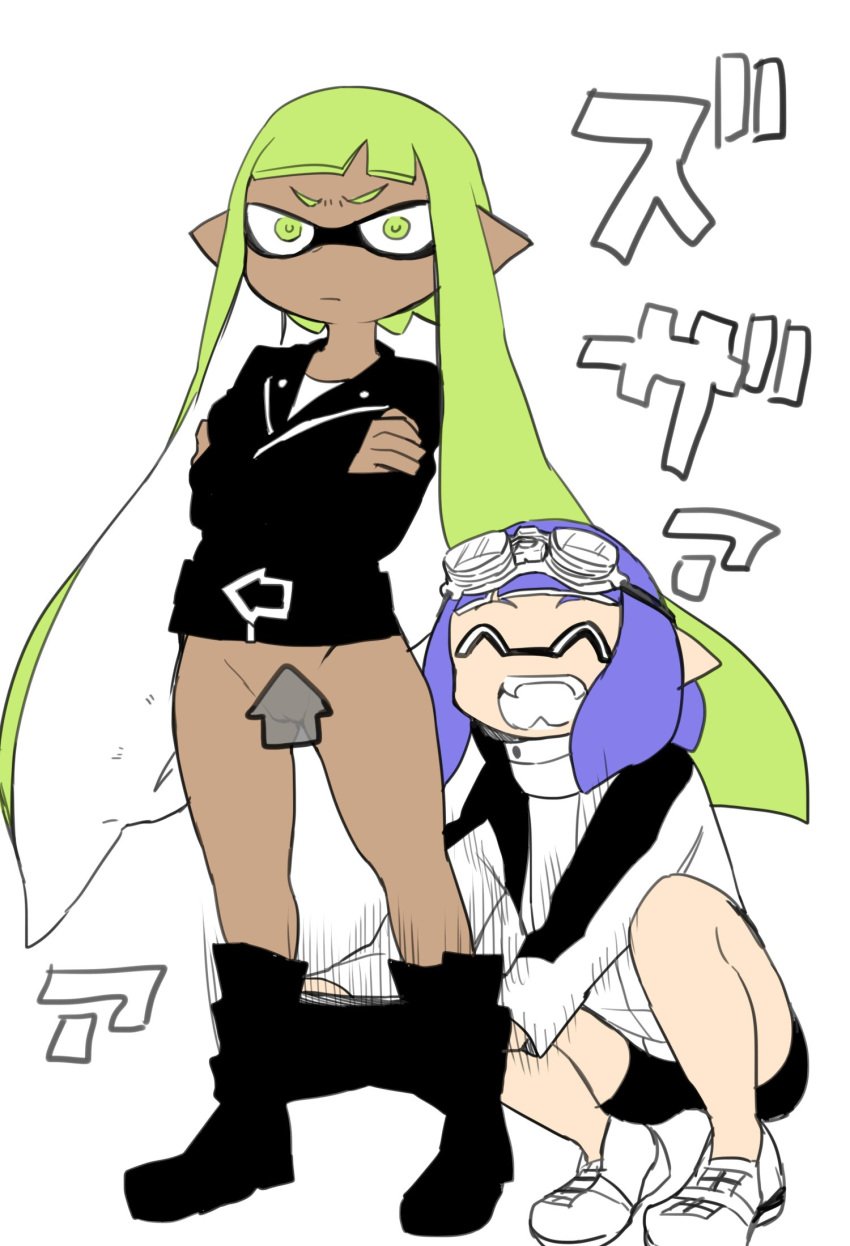 1boy assisted_exposure bike_shorts black_shorts blue_hair boots bottomles censored convenient_censoring convenient_censorship dark_skin domino_mask embarrassed embarrassed_nude_female enf fangs female genderbend genderswap genderswap_(mtf) goggles goggles_(splatoon) goggles_on_head green_hair grin grinning highres inkling inkling_girl iriehana jacket mask naked nintendo novelty_censor nude pants_pull pants_pulled_down pantsing pointy_ears pulled_by_another pussy rider_(splatoon) shaved_pussy shoes shorts sneakers splatoon splatoon_(manga) squid tentacle_hair track_jacket transparent_censoring