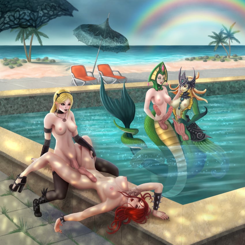 4futas alternate_costume balls black_lipstick breasts cassiopeia_du_couteau diphallia diphallism double_rainbow edit futa_on_futa futa_only futanari high_heels intersex lamia league_of_legends luxanna_crownguard marai mermaid monster_girl multi_penis nami_(league_of_legends) nipples penis pentakill_series pentakill_sona pool rainbow riot_games sona_buvelle tail_fetish tail_on_tail zamzalia