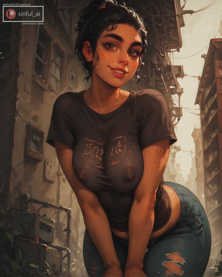 1girls ai_generated aisinful big_breasts breasts covered_nipples curvy dark-skinned_female dina_(the_last_of_us) female female_only hi_res medium_breasts see-through see-through_clothing solo the_last_of_us_2 thick_thighs thighs wide_hips
