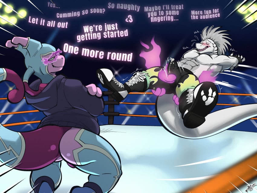 2025 4:3 abs anthro ass balls blush bodily_fluids boots bulge clothing cum cum_in_clothing cum_through_clothing devin_(derpybro) digital_media_(artwork) dinosaur disembodied_hand dromaeosaurid duo english_text erection fighting_ring footwear generation_1_pokemon genital_fluids genitals ghost_hand grey_hair hair handjob hi_res hoodie legendary_pokemon male male/male mewtwo muscular muscular_anthro muscular_male nintendo pat_(lapatte) pecs penile penis pokemon pokemon_(species) prehistoric_species psychic psychic_powers purple_body reptile scalie sex shaking shoes smile smirk spinning sweat tail text theropod throbbing throbbing_penis topwear trembling velociraptor wet wet_clothing white_body wrestling wrestling_outfit yellowluster