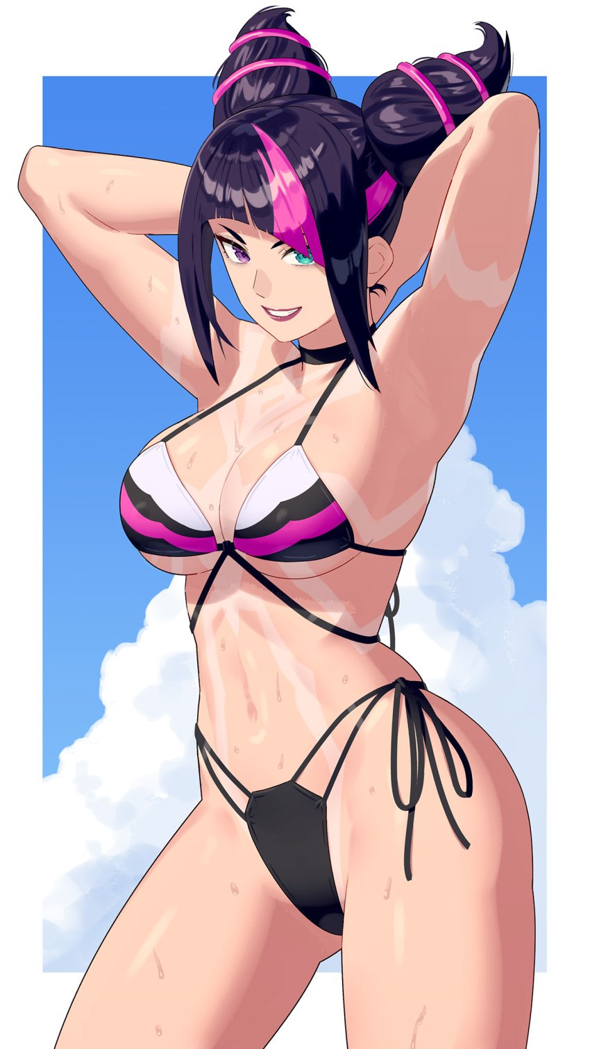 1girls bikini black_hair capcom fit fit_female heterochromia juri_han light-skinned_female light_skin purple_streak street_fighter swimsuit tan tanline yagi2105