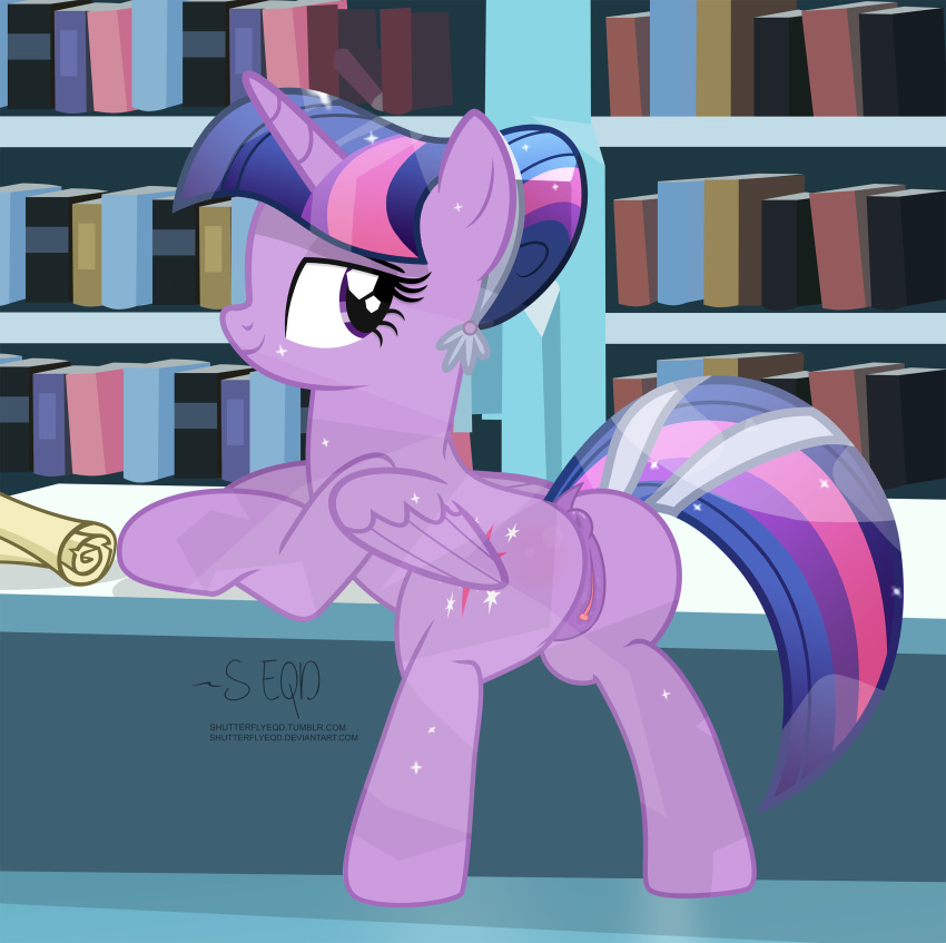 2018 alicorn alternate_hairstyle animal_genitalia animal_pussy anus ass bedroom_eyes book bookshelf clitoral_winking clitoris counter crystal_pony_(mlp) cutie_mark dock equine equine_pussy eyebrows eyelashes feathered_wings feathers female feral friendship_is_magic full-length_portrait hair hairband half-closed_eyes hi_res horn inside inviting leaning leaning_forward library looking_back makeup mammal mascara multicolored_hair my_little_pony nude pinup portrait pose presenting presenting_hindquarters puffy_anus purple_eyes pussy pussy_juice scroll seductive shutterflyeqd signature smile solo sparkles standing text twilight_sparkle_(mlp) wings