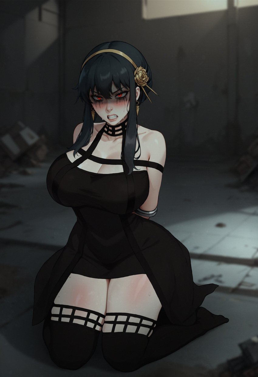 1girls abandoned_building ai_assisted ai_generated angry arms_behind_back bare_shoulders black_dress black_hair black_legwear blurry_background blush bound bound_arms breasts cleavage clenched_teeth clothed dress female glowing_eyes hairband hikkaria huge_breasts humiliation imminent_rape kneeling mascara_tears red_eyes ruined_makeup shaded_face skindentation solo spy_x_family sweat teeth thighhighs thorn_princess yor_briar yor_forger