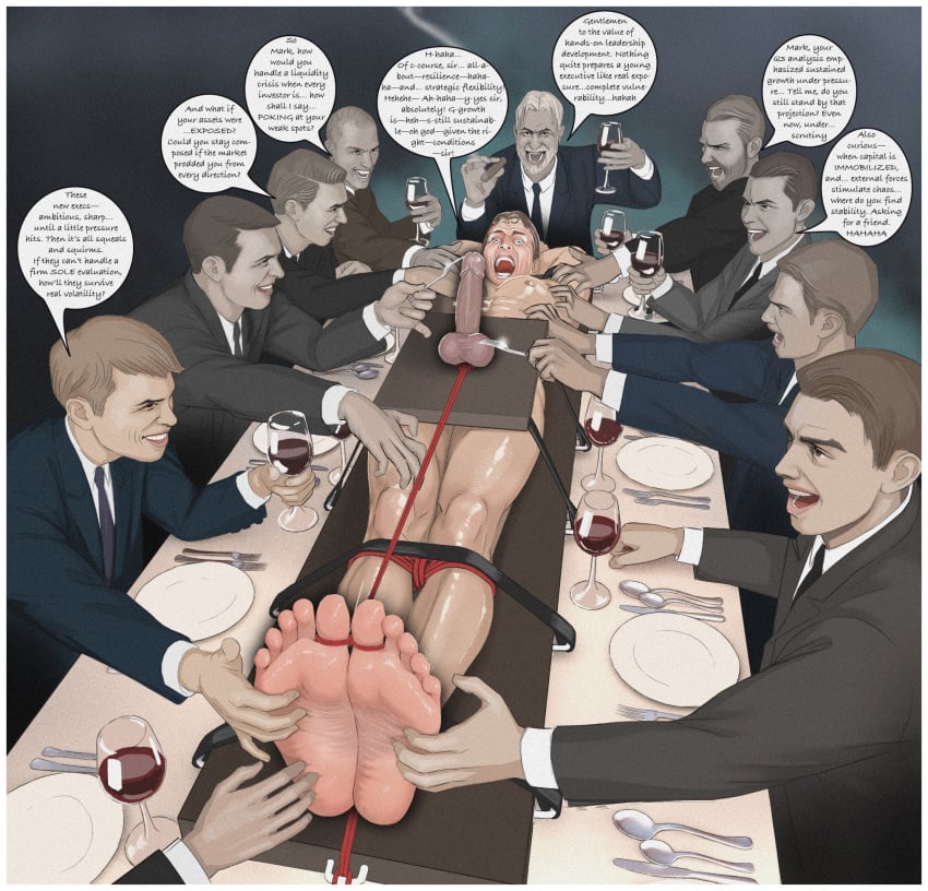 business_attire business_man business_suit crying crying_with_eyes_open dinner dinner_plate erection falstafflouis feet fork human human_only male male_feet male_only male_tickling mark_(falstafflouis) open_mouth penis puns rope rope_bondage speech_bubble speech_bubbles tickle_fetish tickling tickling_armpits tickling_balls tickling_feet tickling_genitalia tickling_legs tickling_penis tickling_sides toes toes_tied wine wine_glass