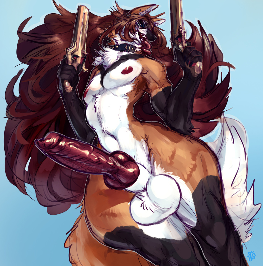 absurd_res animal_genitalia animal_penis anthro arm_tuft balls big_balls big_penis big_sheath big_tail biped black_body black_claws black_fur blue_background blue_eyes brown_body brown_ears brown_fur brown_hair brown_tail canid canine canine_genitalia canine_penis canis claws collar collar_only colored countershade_fur countershade_legs countershade_torso countershading digital_media_(artwork) dipstick_tail dual_wielding ear_piercing ear_stud elbow_tuft erection eyewear facial_markings fangs finger_claws fluffy fluffy_tail front_view fur genitals glistening glistening_genitalia glistening_penis gloves_(marking) goggles gun hair handgun head_markings hi_res holding_gun holding_handgun holding_object holding_ranged_weapon holding_revolver holding_weapon huge_balls huge_cock humanoid_hands knot long_hair long_tongue male male_anthro mammal markings monotone_hair multicolored_tail muzzle_(marking) narrowed_eyes navel neck_tuft nipples nude nude_anthro nude_male open_mouth open_smile penis piercing pink_nipples pink_tongue portrait pose ranged_weapon red_penis revolver shaded sheath signature simple_background small_waist smile solo tail tail_markings teeth thick_thighs three-quarter_portrait tongue tongue_out tuft two_tone_tail weapon white_balls white_body white_countershading white_fur white_sheath white_tail white_tail_tip wide_hipped_male wide_hips wolf zerolativity