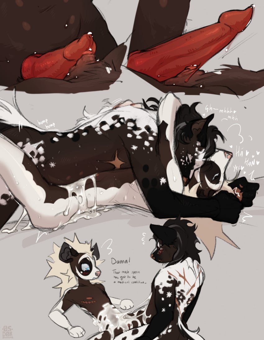 andromorph animal_genitalia animal_penis big_clitoris black_hair blonde_hair bodily_fluids brown_body brown_fur canine_genitalia canine_penis clitoris closed_eyes cocoa_hooves_(osdok) cum cum_drip cumshot dialogue dripping ejaculation english_text erection frottage fur genital_fluids genitals grey_background hair hi_res humanoid_genitalia humanoid_pussy hyena intersex knot looking_back male mammal mastectomy_scar nude orgasm osdok penile penis penises_touching precum precum_drip precum_string pussy scar sex simple_background spotted_hyena text trans_(lore) trans_man_(lore) visibly_trans white_body white_fur wide_eyed
