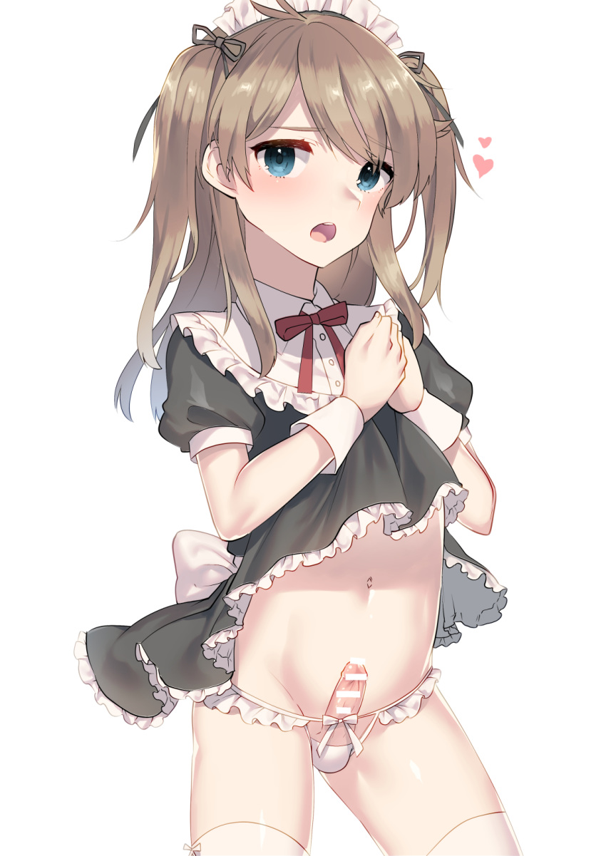 1boy bangs black_dress blue_eyes blush bow bow_panties brown_hair censored dress dress_lift erection frilled_dress frills heart highres lifted_by_self looking_at_viewer maid male_focus mizuki_eiru_(akagi_kurage) open_mouth original panties penis puffy_short_sleeves puffy_sleeves red_ribbon ribbon short_sleeves solo swept_bangs thighhighs trap two_side_up underwear white_background white_legwear white_panties wrist_cuffs