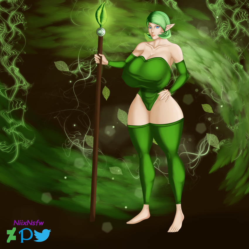 beige_skin big_breasts blue_eyes breasts commission erect_nipples female green_hair kokiri niixnsfw nipples ocarina_of_time saria short_hair solo spear the_legend_of_zelda thick_thighs weapon weapon_over_shoulder wide_hips