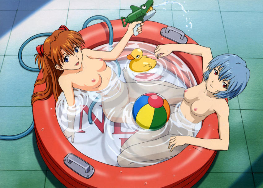 2girls asuka_langley_sohryu blue_eyes blue_hair breasts casual_nudity female hair human light-skinned_female light_skin long_hair looking_at_viewer multiple_girls neon_genesis_evangelion nerv nipples nude orange_hair outdoors pale-skinned_female pale_skin pool red_eyes red_hair rei_ayanami rooftop short_hair small_breasts smile water