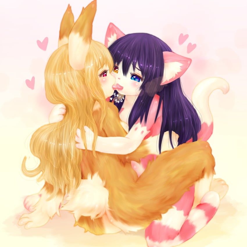 2girls black_hair blue_eyes feline french_kissing furry kissing multiple_girls orange_hair rabbit red_eyes tashiro_yuu tongue yellow_eyes yuri