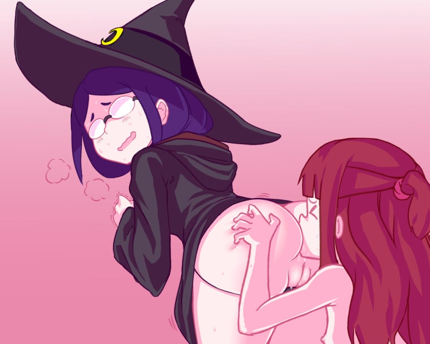 >_< 2girls akko_kagari anilingus ass atsuko_kagari bent_over blue_hair blush brown_hair closed_eyes clothed_sex dress glasses hat heavy_breathing highres hooded_dress human human_only kagari_atsuko lesbian licking licking_ass little_witch_academia long_hair long_sleeves looking_back multiple_girls open_mouth oral oral_sex orenji panties panty_pull pussy rimjob rimming saliva sex smile sweatdrop teacher_and_student underwear ursula_callistis wavy_mouth witch_hat yuri