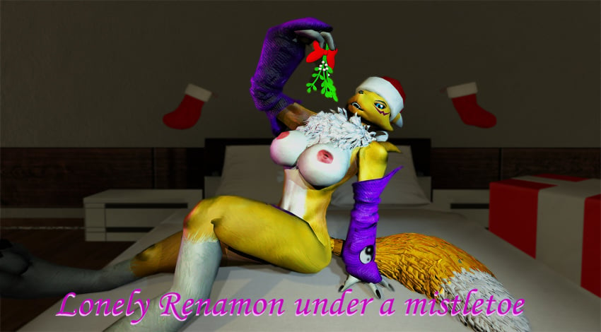 3d bed bedroom big_breasts breasts canine christmas digimon female garry's_mod gift holidays looking_at_viewer lordzbacon mammal mistletoe nipples nude plant renamon screencap