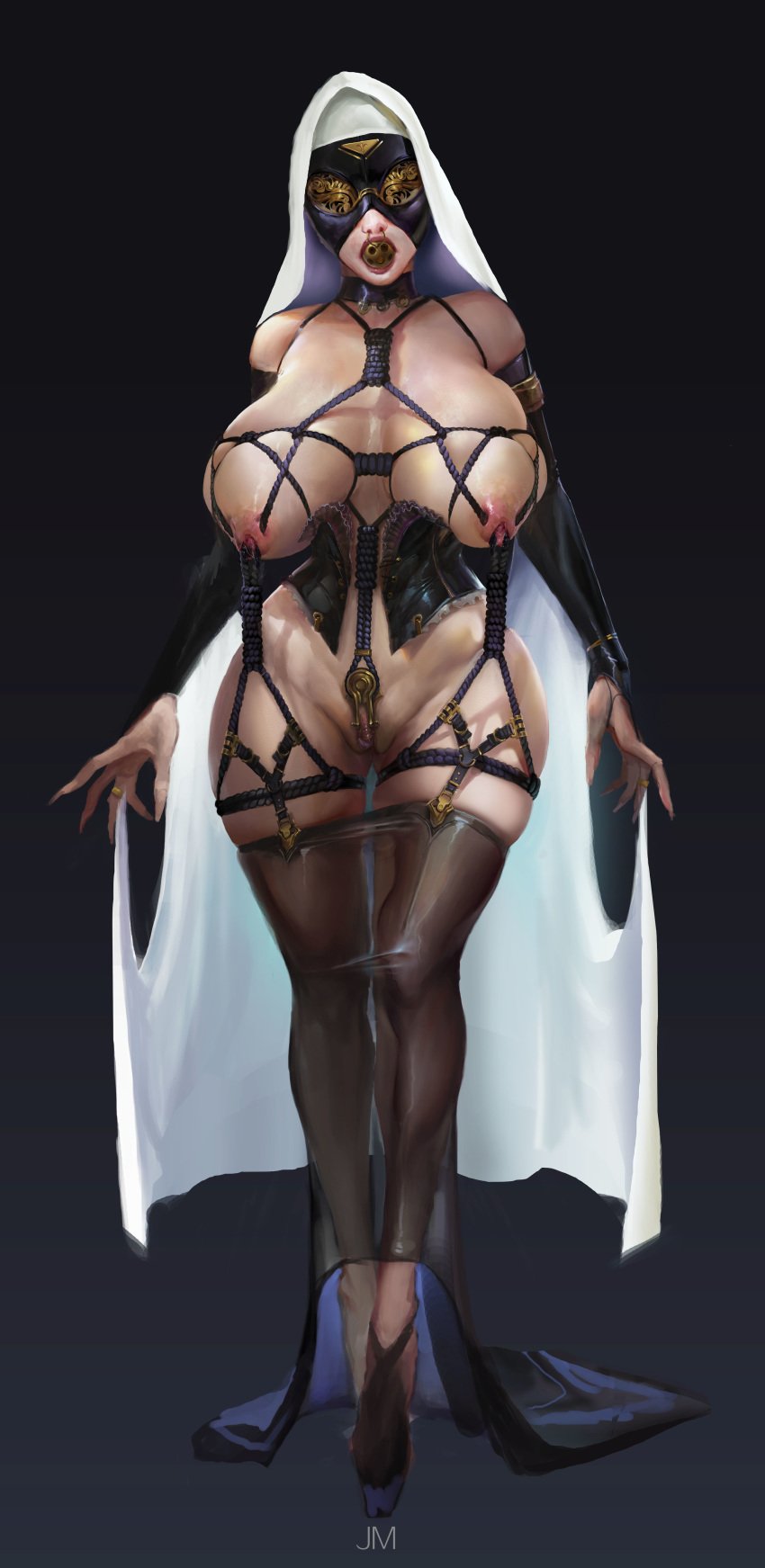 absurdres ball_gag ballet_heels blindfold bondage breasts christianity clitoris_piercing collar female gag guro highres jm nipple_piercing nipples nose_ring nun piercing pussy religion revealing_clothes rope solo uncensored virgin_mary