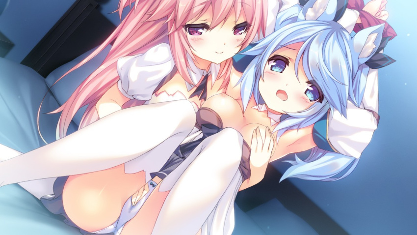 2girls aisia_mayfield armpits arms_up bed blue_eyes blue_hair blush bound bound_wrists breast_grab breasts breasts_out clothing detached_sleeves dress dress_lift dress_pull fingering fingering_through_clothes fingering_through_panties game_cg grabbing karakara_(game) knees_on_chest knees_together_feet_apart legs_up long_hair lucia_haynes multiple_girls nipples official_art open_mouth p19 panties pantyshot pantyshot_(sitting) pillow pink_eyes pink_hair pussy_juice ribbon sitting smile strapless strapless_dress thighhighs through_clothes underwear wet wet_clothes wet_panties white_dress white_legwear white_panties yuri