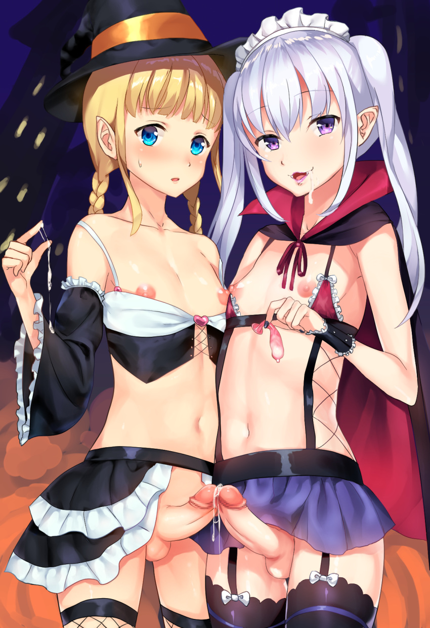 2boys androgynous areola areolae bangs black_legwear blonde_hair blue_eyes blush braid bustier censored cloak condom cowboy_shot crossdressing cum cum_in_hands detached_sleeves erection eyebrows_visible_through_hair facial fangs femboy fishnet_legwear fishnets frills garter_belt garter_straps girly halloween hat highres lipstick looking_at_viewer maid_headdress makeup male male_focus microskirt midriff mosaic_censoring multiple_boys multiple_penises navel nipples nose_blush open_mouth penis penis_under_skirt penises_touching pointless_censoring pointy_ears precum purple_eyes purple_lipstick revealing_clothes riichi_(rouchi) showgirl_skirt sidelocks silver_hair skirt smile stomach sweatdrop thighhighs trap trap_on_trap twin_braids twintails used_condom vampire witch witch_hat yaoi