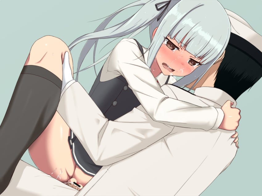 1boy admiral_(kantai_collection) bar_censor black_dress black_legwear black_ribbon blush brown_eyes buttons censored clothed_sex cum cum_in_pussy cum_inside dress female gloves grey_hair hair_ribbon hat kantai_collection kasumi_(kantai_collection) kneehighs kyabetsutarou long_hair long_sleeves military military_uniform naval_uniform open_mouth peaked_cap pinafore_dress pussy ribbon sex shirt side_ponytail small_breasts straight uniform vaginal_penetration white_gloves white_shirt