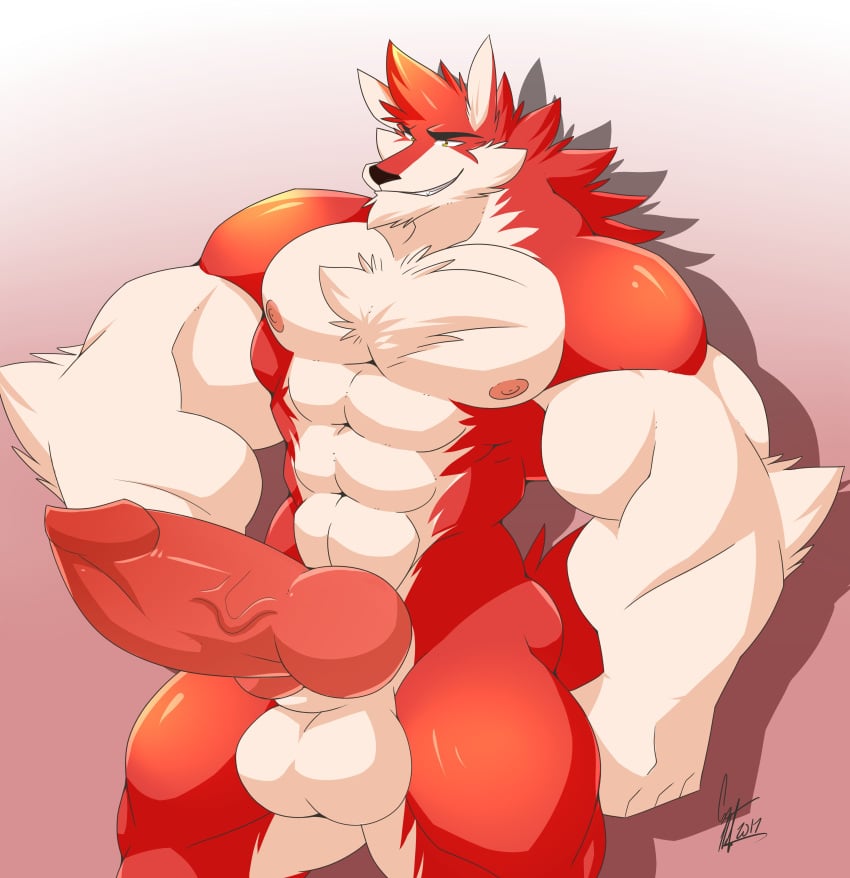 2017 abs absurd_res anthro biceps big_biceps big_muscles big_pecs canine daikitei digital_media_(artwork) fur hi_res looking_at_viewer male male_only mammal muscular muscular_male nipples nude pecs red_fur solo wolf