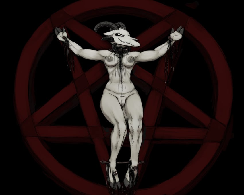 anthro areola baphomet black_blood blood breasts caprine collar crucifixion demon female gore hladilnik hooves humanoid inverted_pentagram looking_at_viewer lucy_(hladilnik) mammal mature_female nipples nude pentagram simple_background smile stitches thick_thighs wide_hips