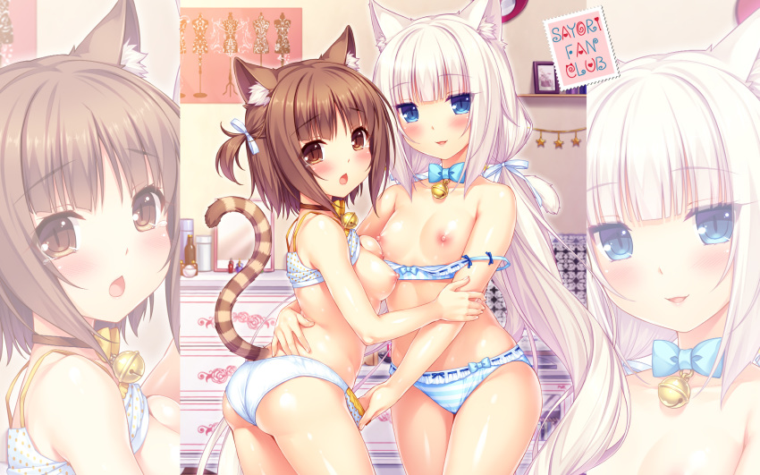 2girls animal_ears aqua_eyes ass azuki_(sayori) bell blush bow bra breasts brown_eyes brown_hair catgirl fingering long_hair multiple_girls nekopara nipples panties ribbons sayori short_hair striped_panties tail twintails underwear vanilla_(sayori) watermark white_hair zoom_layer