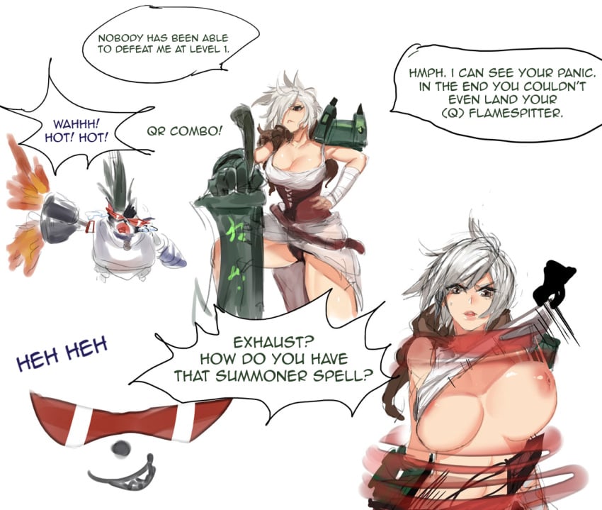 1boy 1girls areolae assisted_exposure breasts cleavage comic curvy erect_nipples exposed exposed_breasts exposed_nipples female femsub fire helpless huge_breasts league_of_legends male male_with_female maledom nipples no_bra panties paralyzed pd riot_games riven rumble_(lol) skirt skirt_lift straight super_galaxy_rumble sword tagme weapon yordle