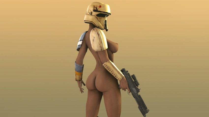 1girls 3d armor ass back background brown_background brown_skin dark-skinned_female dark_skin e-11_blaster_rifle faceless_character faceless_female female female_only female_stormtrooper headgear helmet holding_gun holding_weapon human human_only nude nude_female nudity partially_clothed pinup pose ranged_weapon rear_view rogue_one:_a_star_wars_story rosafelix shoretrooper simple_background solo source_filmmaker standing star_wars stormtrooper vambraces yellow_background