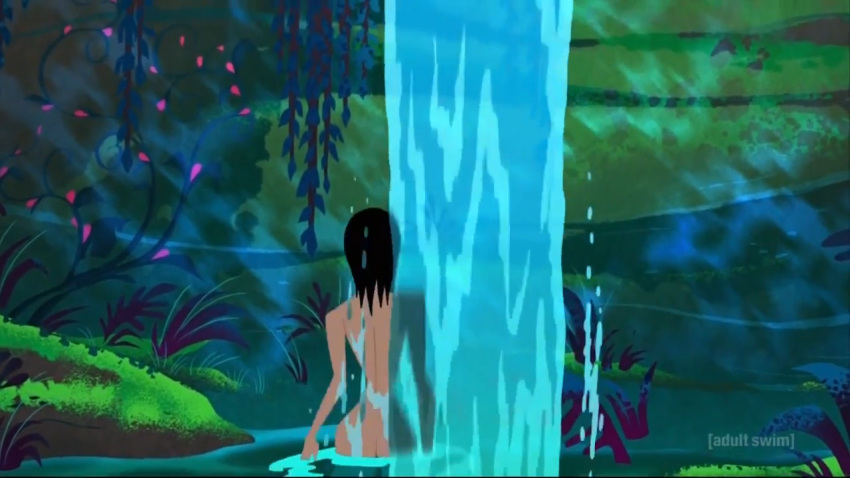 ashi_(samurai_jack) ass back bathing black_hair daughters_of_aku edit female female_only grass nude outdoors outside samurai_jack screenshot screenshot_edit short_hair water waterfall wet