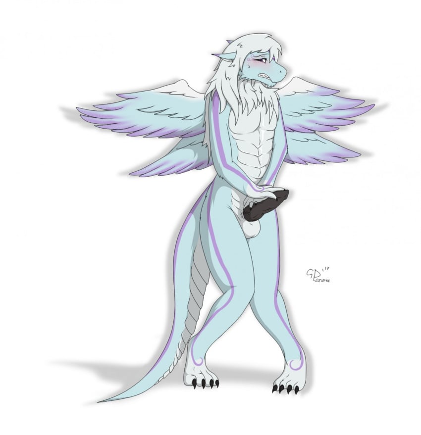 2017 4_toes 4_wings 5_fingers anthro anthro_only balls biped claws cyan_scales dragon embarrassed erection feathered_wings feathers flat_chested full-length_portrait fur furred_dragon gd hair hand_between_legs hybrid knot looking_at_viewer male mithras multi_wing nude penis plantigrade portrait purple_eyes scales scalie simple_background solo sweat sweatdrop teeth toe_claws toes vein wings