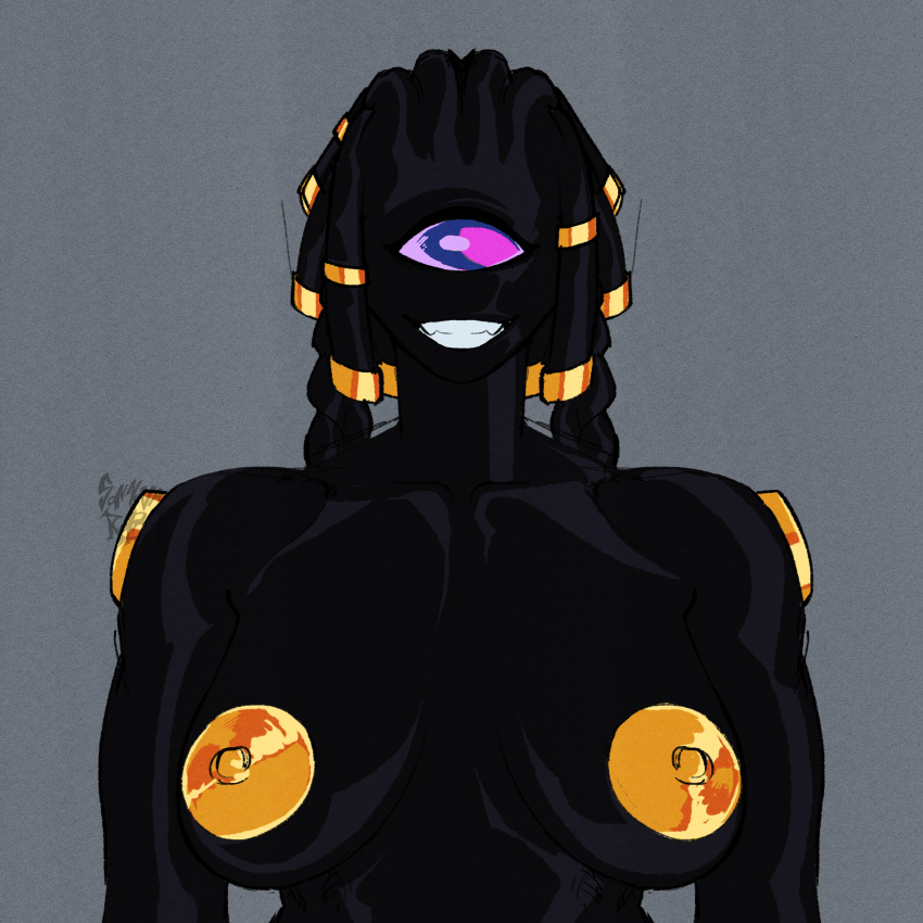 1girls 2d 2d_(artwork) 2d_artwork alien alien_girl alien_humanoid alternate_version_at_source alternate_version_available ben_10 ben_10_(classic) ben_10_omniverse black_body black_hair black_skin braid braided_hair braided_twintails chaquetrix cyclops dark-skinned_female dark_skin digital_art digital_drawing digital_drawing_(artwork) digital_media digital_media_(artwork) feedback feedback_(ben_10) female female_only gray_background large_areolae large_breasts looking_at_viewer muscular_female naked naked_female pink_eyes smile smiley_face smiling_at_viewer sunnova_robot tentacle_hair