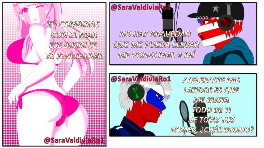 1girls 2boys ass bikini clothing comic comic_page countryhumans countryhumans_girl female long_hair peru_(countryhumans) puerto_rico_(countryhumans) russia_(countryhumans) saravaldiviaro1 short_hair small_image spanish_text text