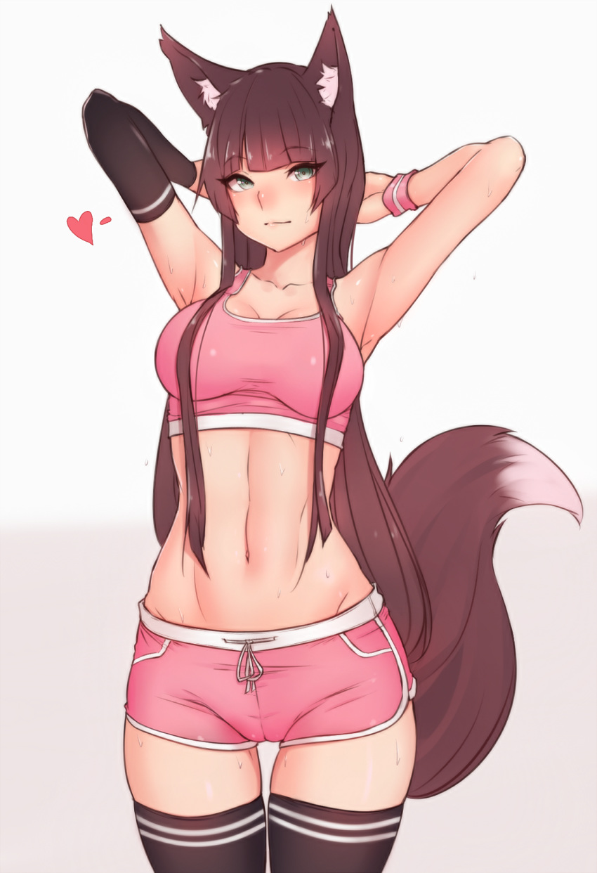 1girls animal_ear_fluff animal_ears armpits arms_up bare_midriff bluefield bra breasts cameltoe cleavage drawstring_bottomwear female female_only fox_ears fox_girl fox_tail looking_at_viewer navel pink_bra pink_shorts short_shorts shorts simple_background solo sports_bra striped_legwear tail thighhighs white_background