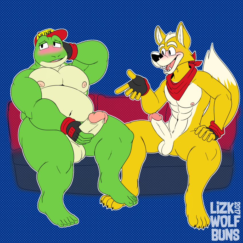 2017 amphibian anthro balls big_penis blush bottomless canine clothed clothing comparing comparing_penis duo english_text erection fox fox_mccloud frog gloves hat hi_res humanoid_penis male male_only mammal muscular muscular_male nintendo nipples open_mouth overweight overweight_male penis penis_size_difference shirt sitting slippy_toad smile speech_bubble spread_legs spreading star_fox tank_top text video_games white_balls wolfbuns yaoi