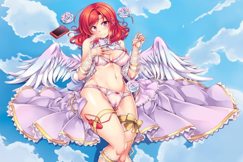 bow bra breasts cameltoe clouds flowers jpeg_artifacts love_live! love_live!_school_idol_project navel nishikino_maki panties phone purple_eyes pussy_juice red_hair ribbons rose short_hair sky underwear vibrator windart wings