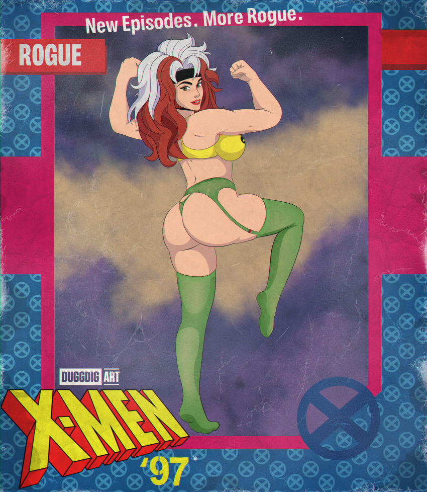 accurate_art_style chromatic_aberration dugg_dig flexing green_lingerie headband lingerie marvel marvel_comics pinup rogue_(x-men) sports_bra x-men x-men_97