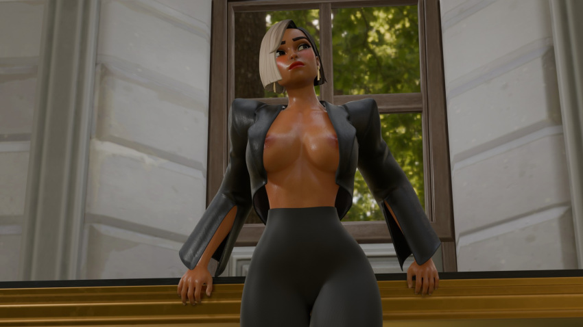 1girls 3d antonia_(fortnite) blush dark-skinned_female dark_skin earrings female female_only fortnite fortnite:_battle_royale neckline perete secretary semi_naked semi_nude solo