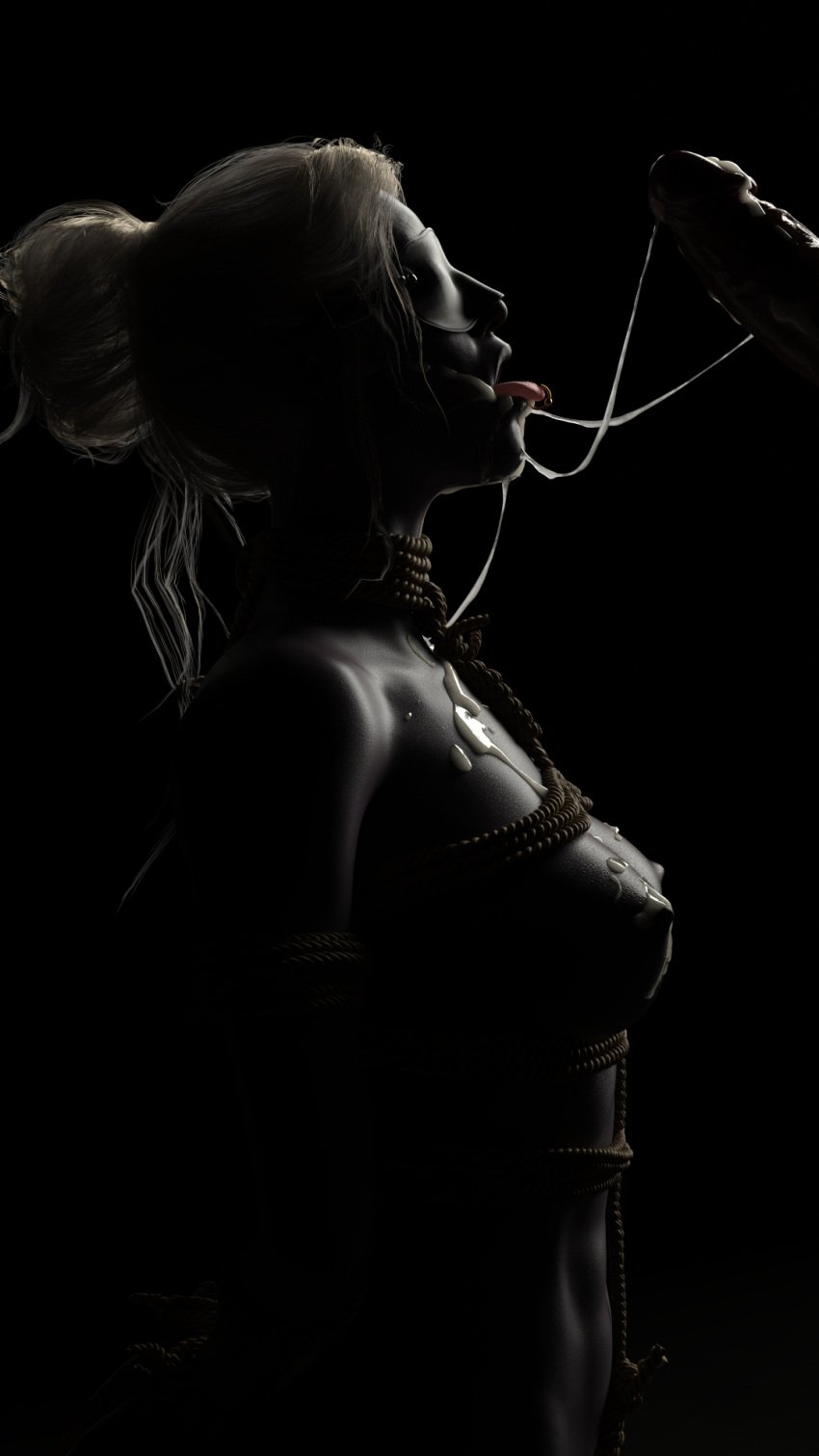 1girls 3d arms_behind_back baldur's_gate baldur's_gate_3 bdsm blindfold bondage bound_wrists cum cum_on_breasts cum_on_face drow dungeons_and_dragons mask masked_female mechanicalmind minthara penis rope slave submissive tongue_out tongue_ring white_hair