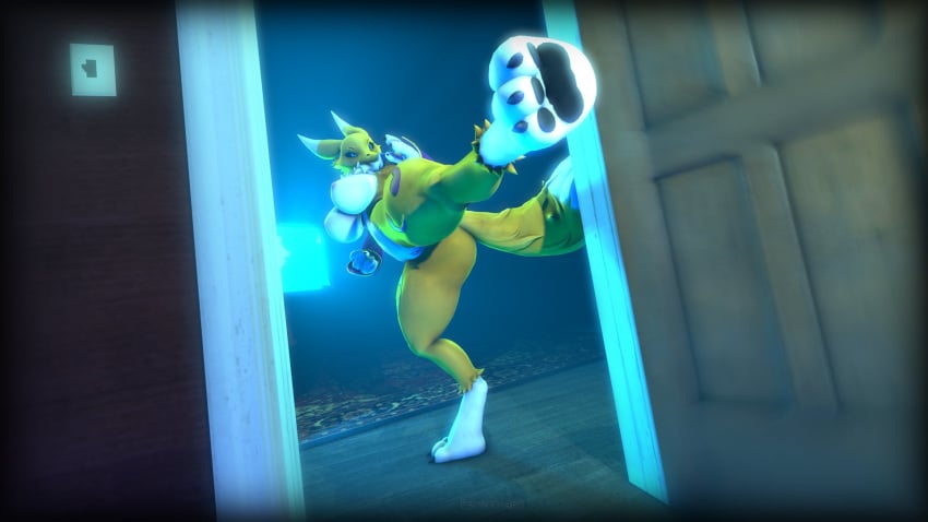 anthro areola armwear bandai_namco big_breasts blue_eyes breasts bridal_gauntlets clothing digimon digimon_(species) door feet female foot_focus genitals hi_res kick mostly_nude nipples not_person420 pussy renamon solo tail