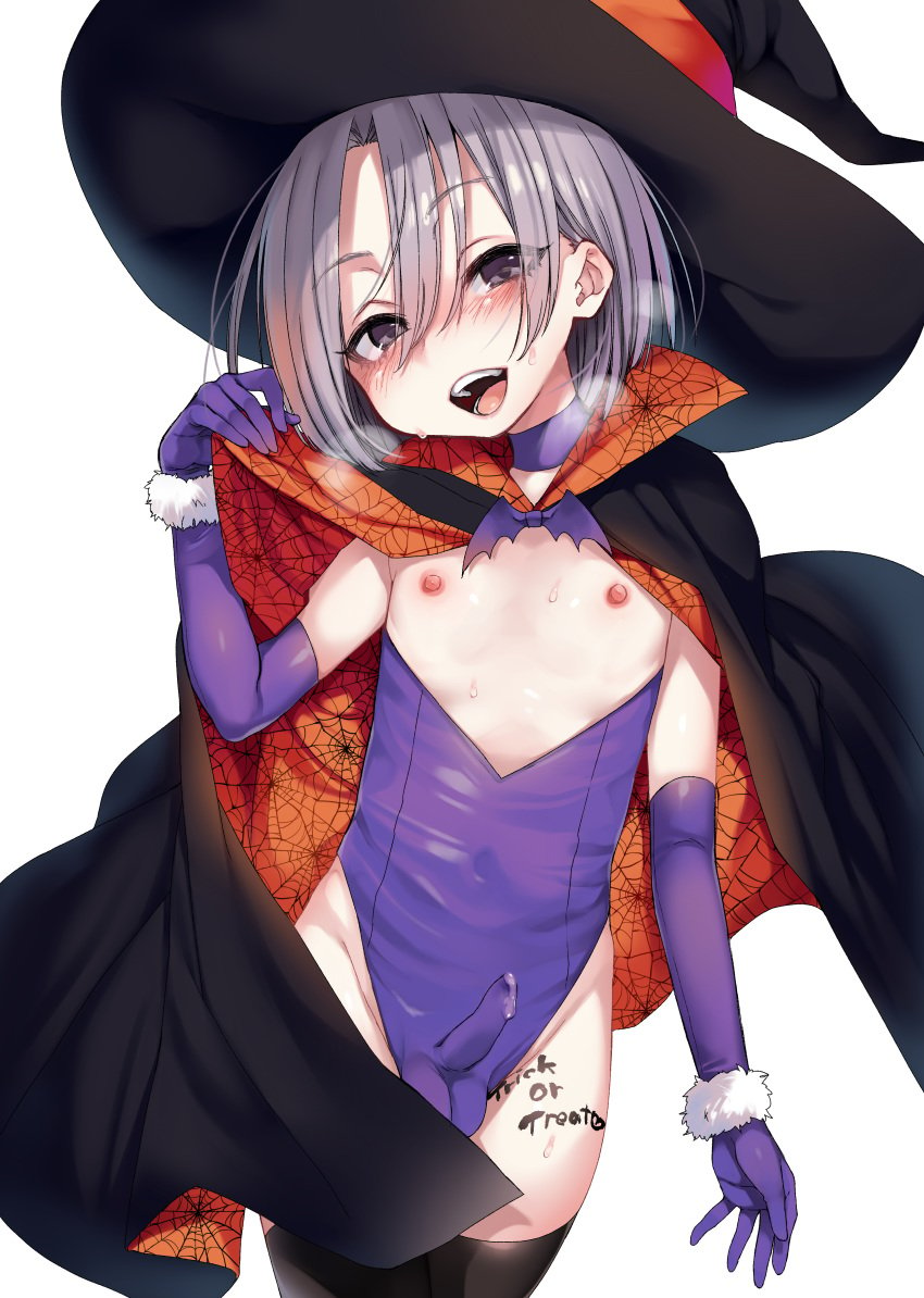 1boy :d absurdres androgynous balls_in_leotard black_cape black_eyes black_legwear blush body_writing breath cape cowboy_shot dancho_(dancyo) elbow_gloves erection erection_under_clothes eyebrows_visible_through_hair eyes_visible_through_hair femboy girly gloves grey_hair halloween_costume hat highres looking_at_viewer male male_focus nipples open_mouth original penis_in_leotard precum purple_gloves short_hair silver_hair simple_background smile solo spider_web_print sweat testicles thighhighs trap trick_or_treat white_background witch_hat