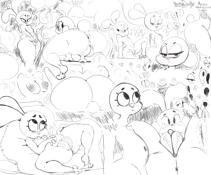 2017 all_fours anais_watterson anthro anus ass bedroom_eyes big_thighs blush breasts cartoon_network clitoris collage ears_down expressions female half-closed_eyes hi_res lagomorph lying mammal monochrome navel neom-daddy nipples on_back presenting presenting_hindquarters presenting_pussy pussy rabbit rabbit_tail seductive shortstack spread_legs spreading standing the_amazing_world_of_gumball traditional_media_(artwork) wide_hips