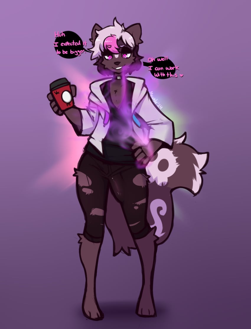 anthro aphrodisiac aphrodisiac_breath aphrodisiac_gas ftm_crossgender fur genitals hair hi_res male mammal markings mephitid mewgle penis purple_eyes purple_smoke rule_63 skunk smoke tail text vivian_(mewgle) white_body white_fur white_hair