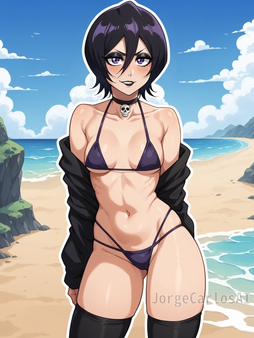 1girls ai_generated beach bikini bikini_thong bikini_top black_lipstick black_makeup bleach bleach:_sennen_kessen-hen bleach:_the_thousand-year_blood_war bleach_brave_souls blue_sky blush blush_lines breasts chocker clouds collar dark_makeup female female_focus female_only goth goth_girl gothic gothified jorgecarlosai kuchiki_rukia lipstick makeup purple_bikini purple_eyes purple_hair purple_swimsuit purple_swimwear sand skull sky small_boobs small_breasts small_tits swimsuit swimwear thighhighs toned toned_female water watermark