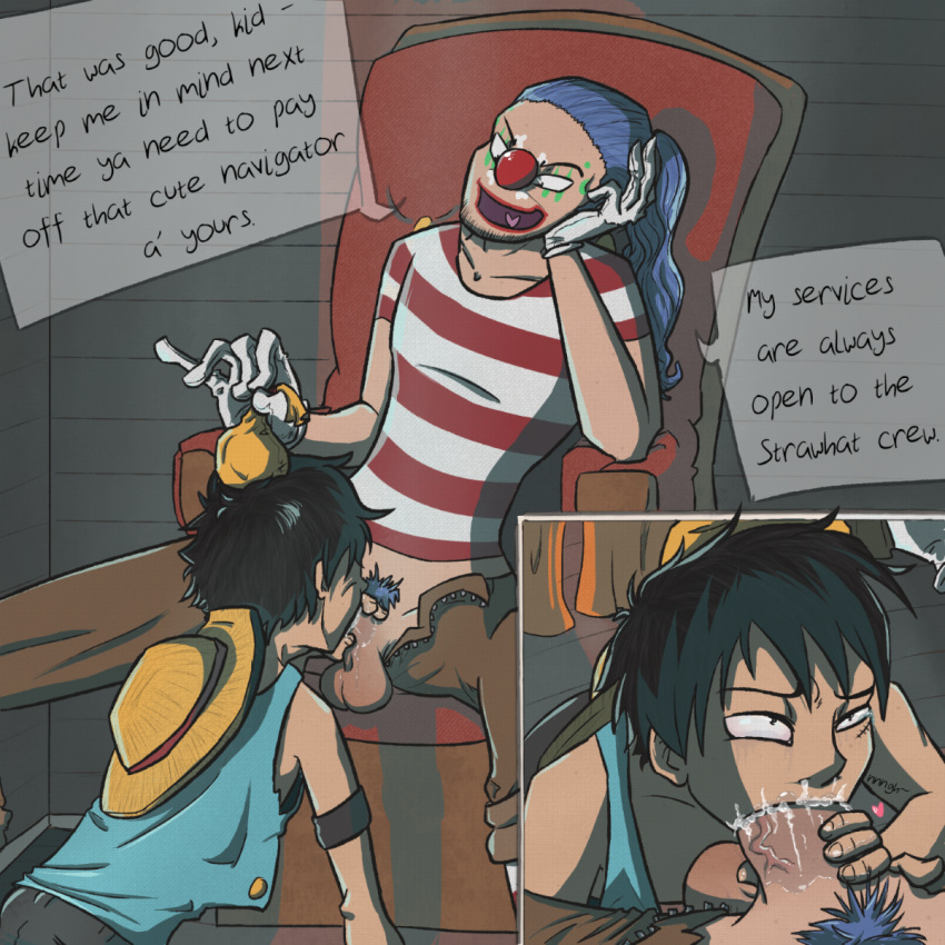 2boys age_difference balls big_balls big_penis black_hair blue_hair buggy_the_clown clothed clown cum deepthroat dialogue fellatio gay heart huge_cock male male_only monkey_d_luffy one_piece oral penis saliva samuel_sama smirk tears text throat_bulge yaoi